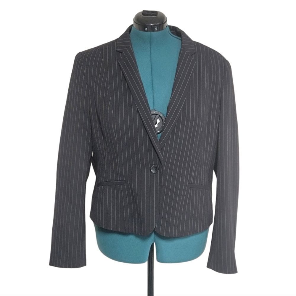 Worthington Black Suit Jacket Vertical Stipes Blazer One Front Button Size XL